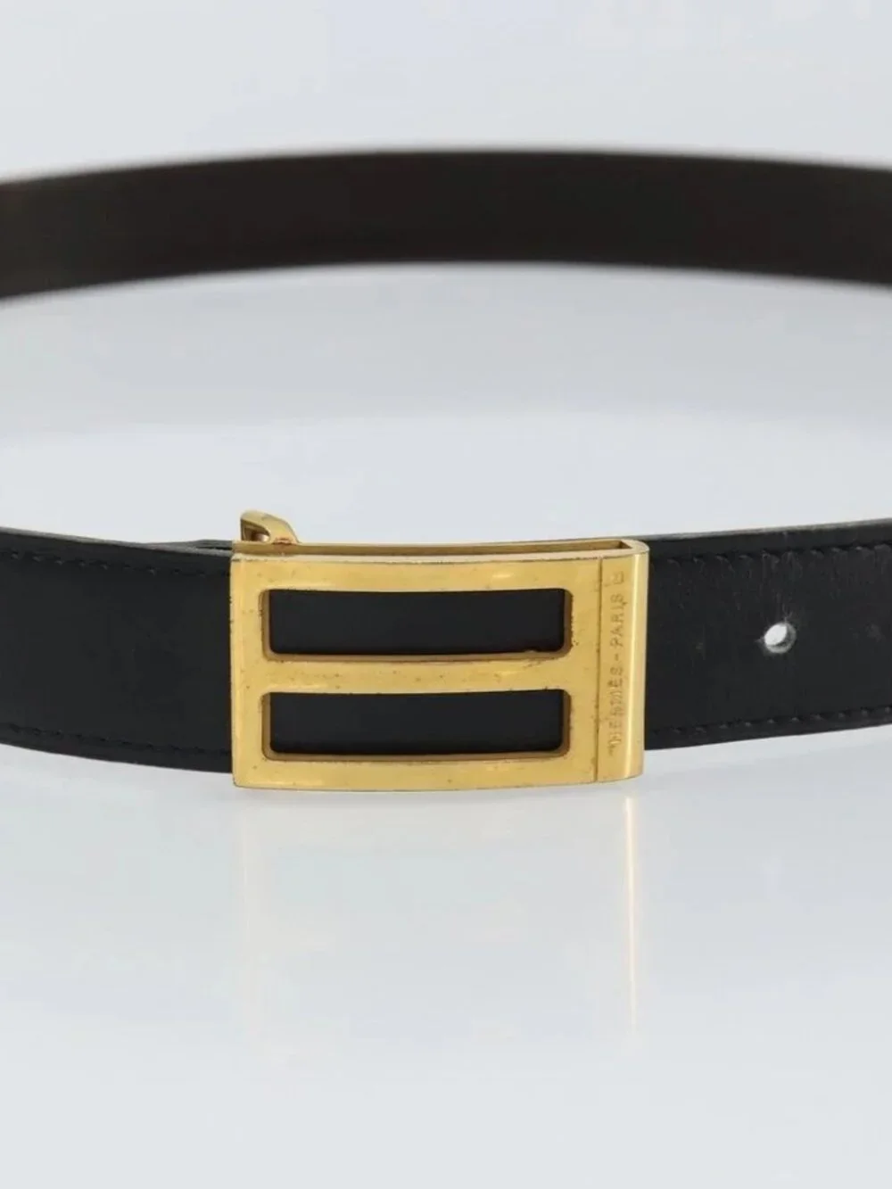 HERMES Belt Leather 44.5" Black Gold Auth - Picture 5 of 11